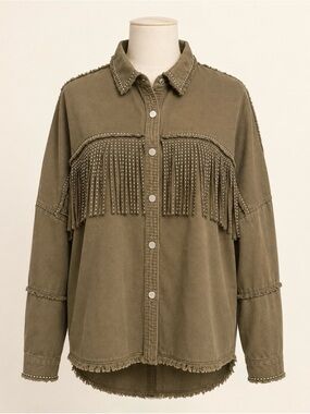 Zara Fringe Silver Studded Western Denim Shacket Oversize Olive Studded Jacket M